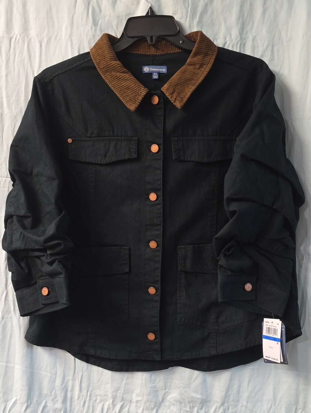 Dark Blue Mixed-Media Utility Jacket with Brown Corduroy Collar – XL